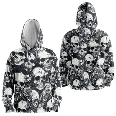 Rose Flower Skull Black & White Pattern Hoodie - HYPERFAVOR