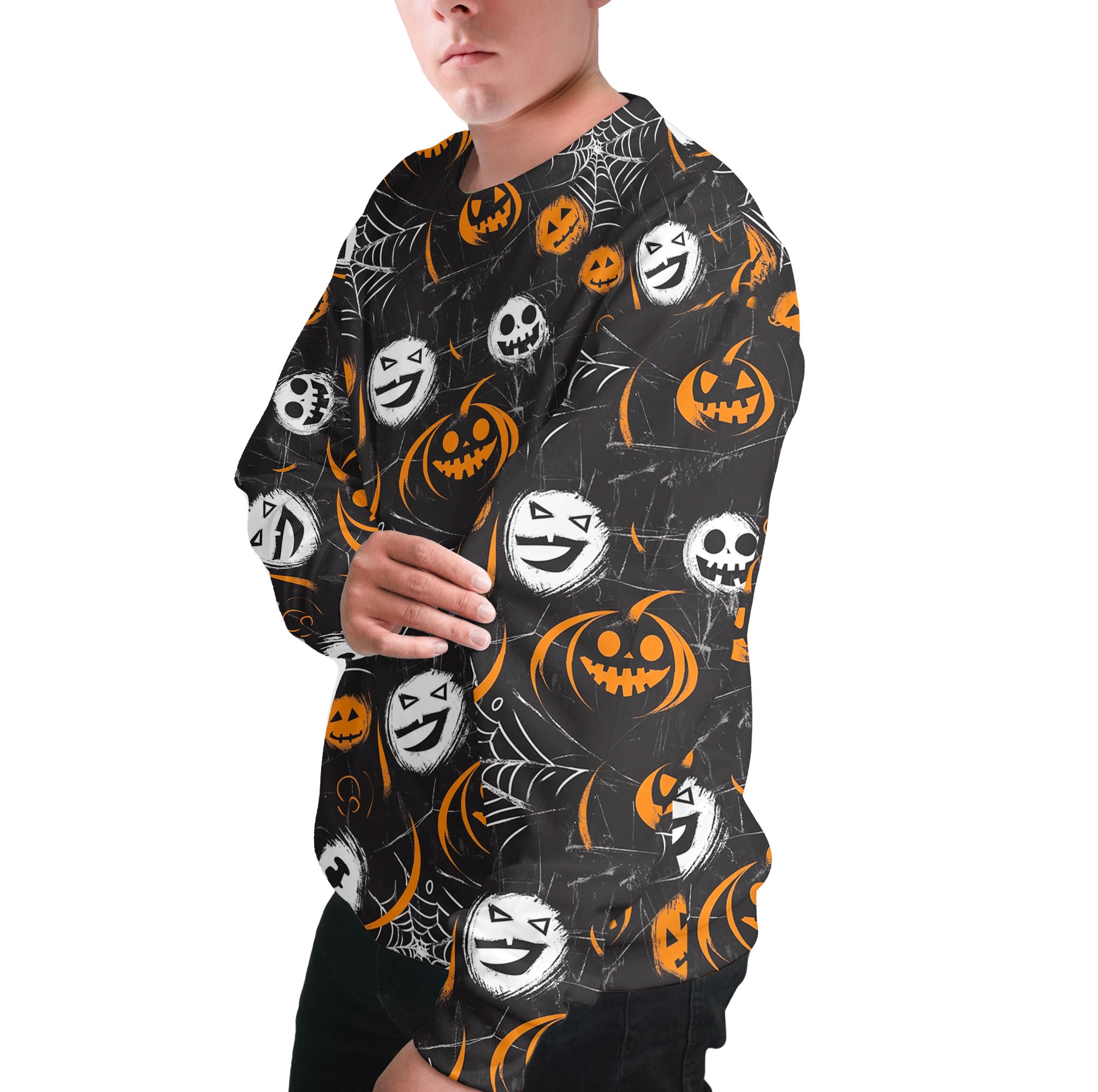 Scary Faces On Dark Halloween Seamless Pattern Sweatshirt - HYPERFAVOR