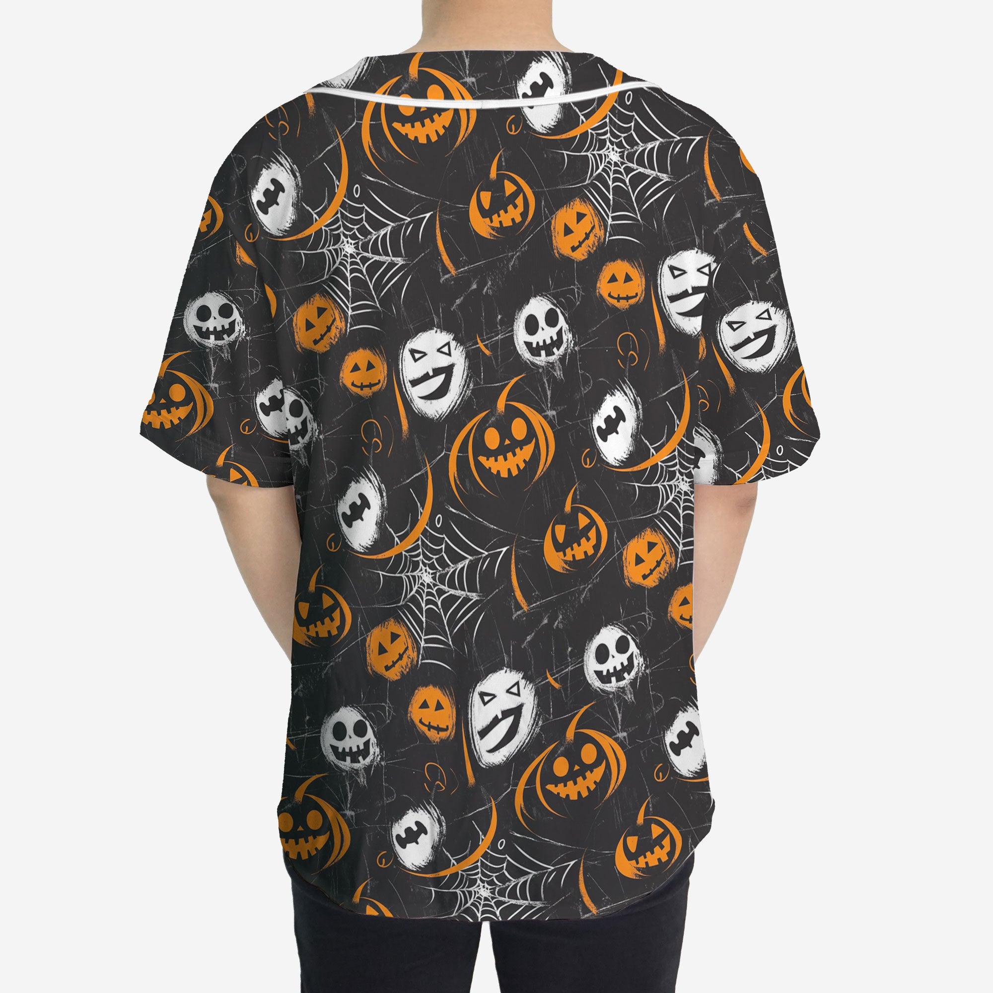 Scary Faces On Dark Halloween Seamless Pattern Baseball Jersey - HYPERFAVOR