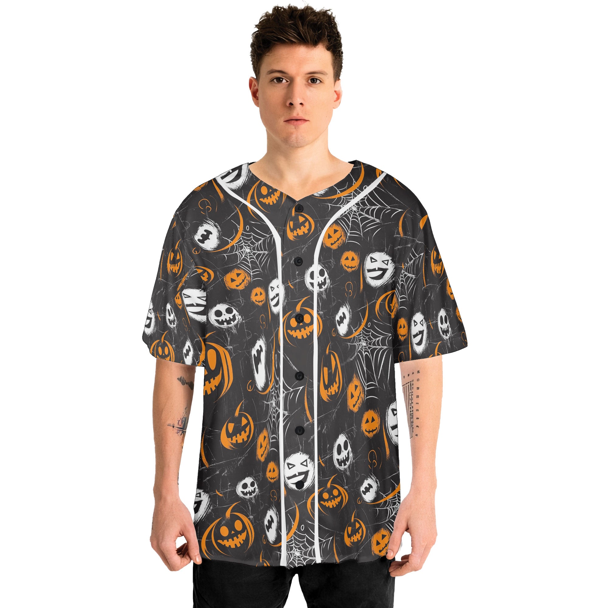 Scary Faces On Dark Halloween Seamless Pattern Baseball Jersey - HYPERFAVOR