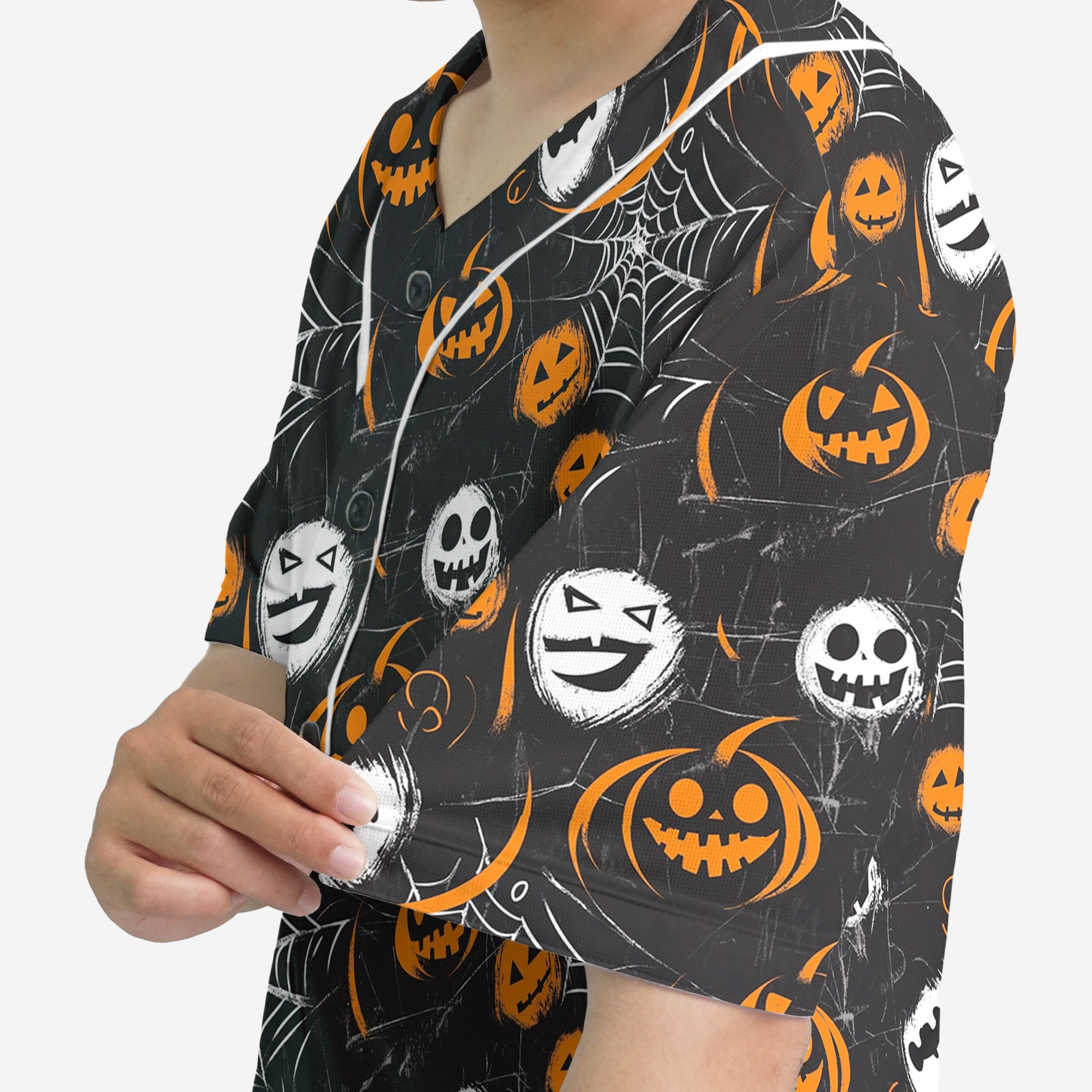 Scary Faces On Dark Halloween Seamless Pattern Baseball Jersey - HYPERFAVOR