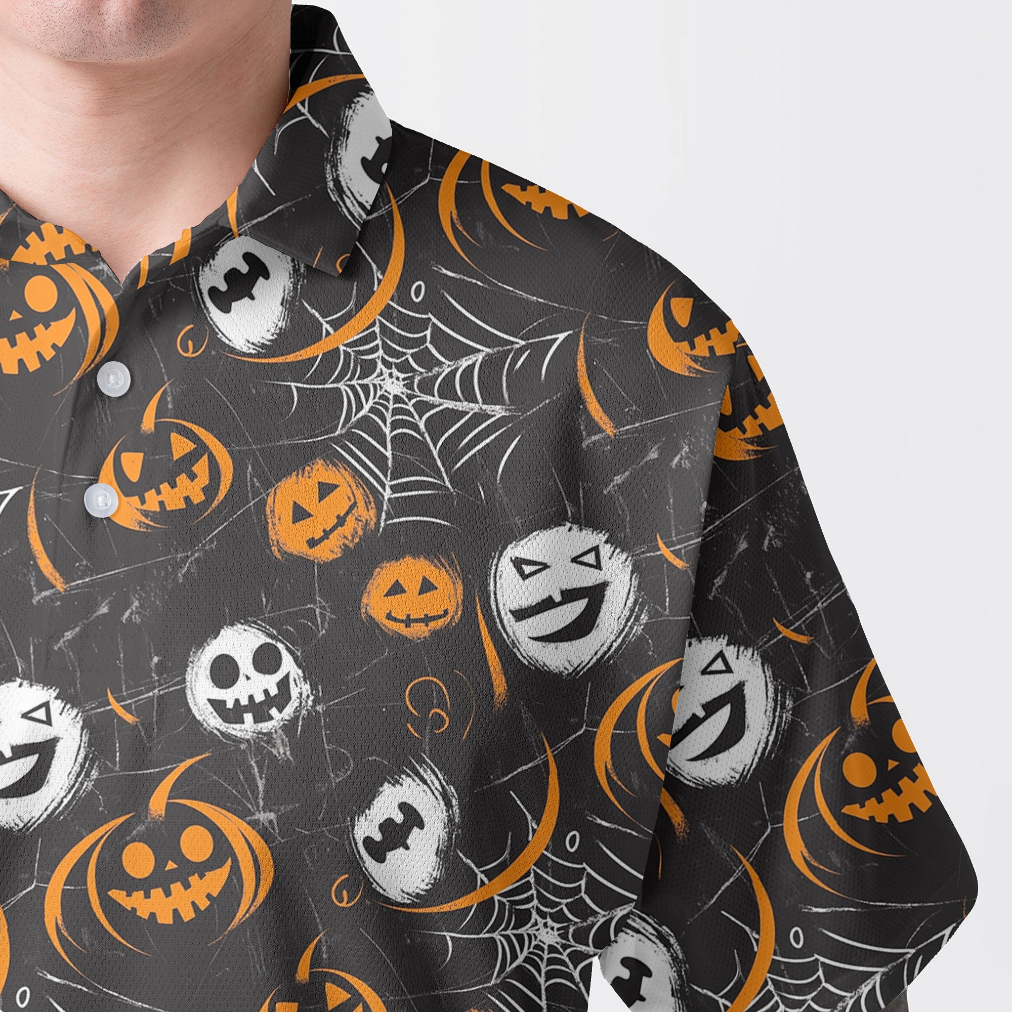 Scary Faces On Dark Halloween Seamless Pattern Men Polo Shirt - HYPERFAVOR