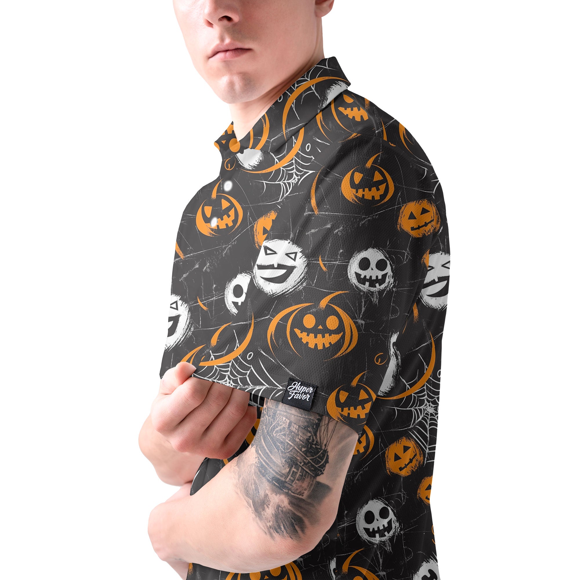 Scary Faces On Dark Halloween Seamless Pattern Men Polo Shirt - HYPERFAVOR