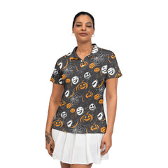 Scary Faces On Dark Halloween Seamless Pattern Women Polo Shirt - HYPERFAVOR