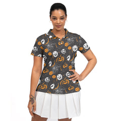 Scary Faces On Dark Halloween Seamless Pattern Women Polo Shirt - HYPERFAVOR