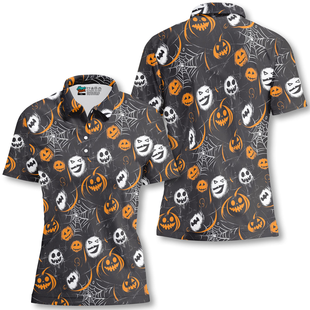 Scary Faces On Dark Halloween Seamless Pattern Women Polo Shirt - HYPERFAVOR