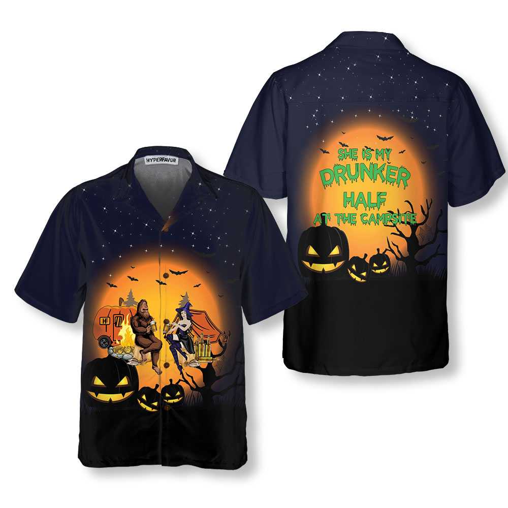 She Is My Drunker Half At The Campsite Camping Hawaiian Shirt, Halloween-themed Shirt For Camping