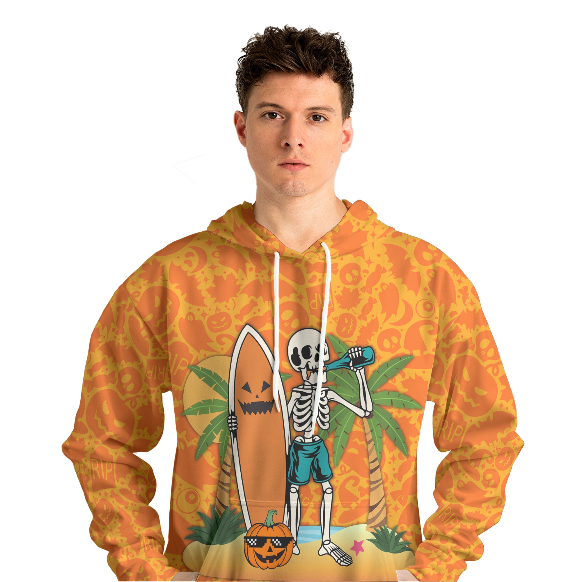 Skeleton Surfing Orange Halloween Ghost Pumpkins Hoodie - HYPERFAVOR