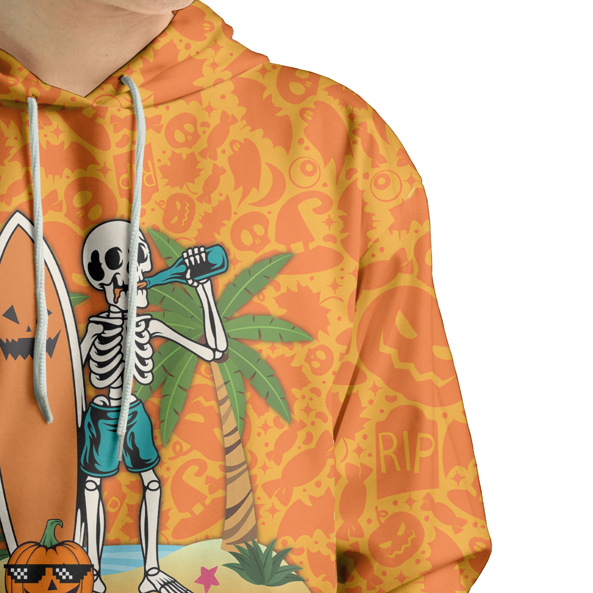 Skeleton Surfing Orange Halloween Ghost Pumpkins Hoodie - HYPERFAVOR