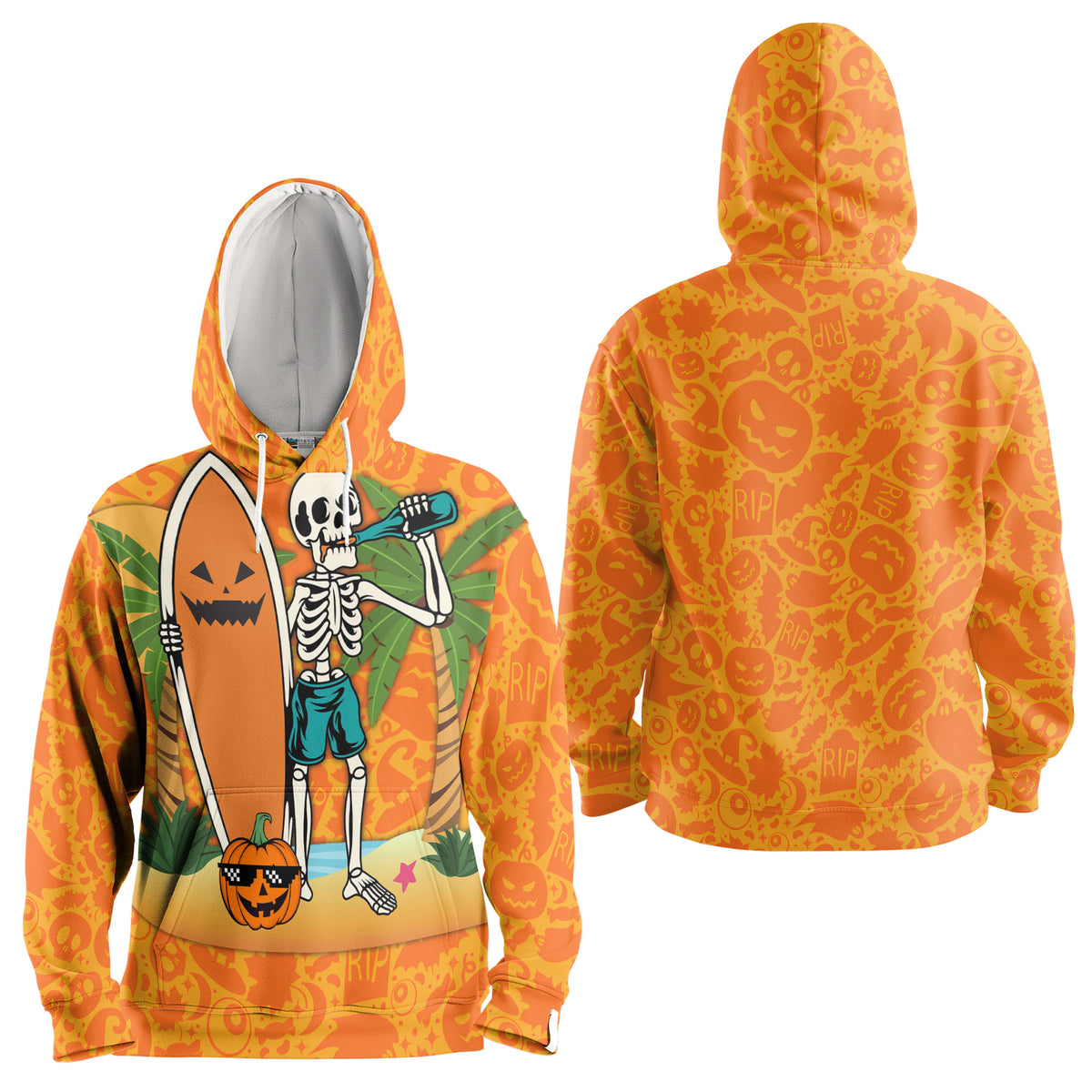 Skeleton Surfing Orange Halloween Ghost Pumpkins Hoodie - HYPERFAVOR