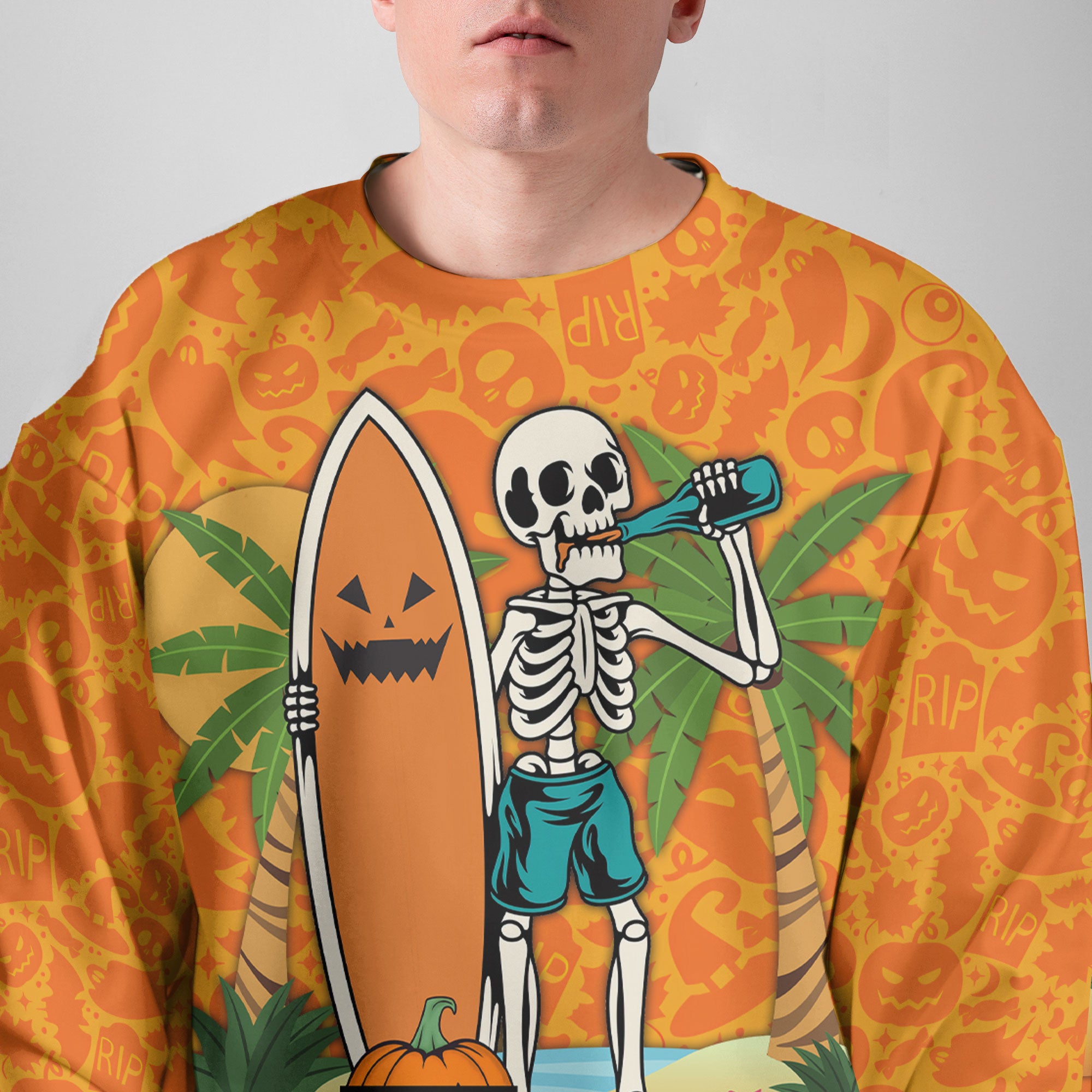 Skeleton Surfing Orange Halloween Ghost Pumpkins Sweatshirt - HYPERFAVOR