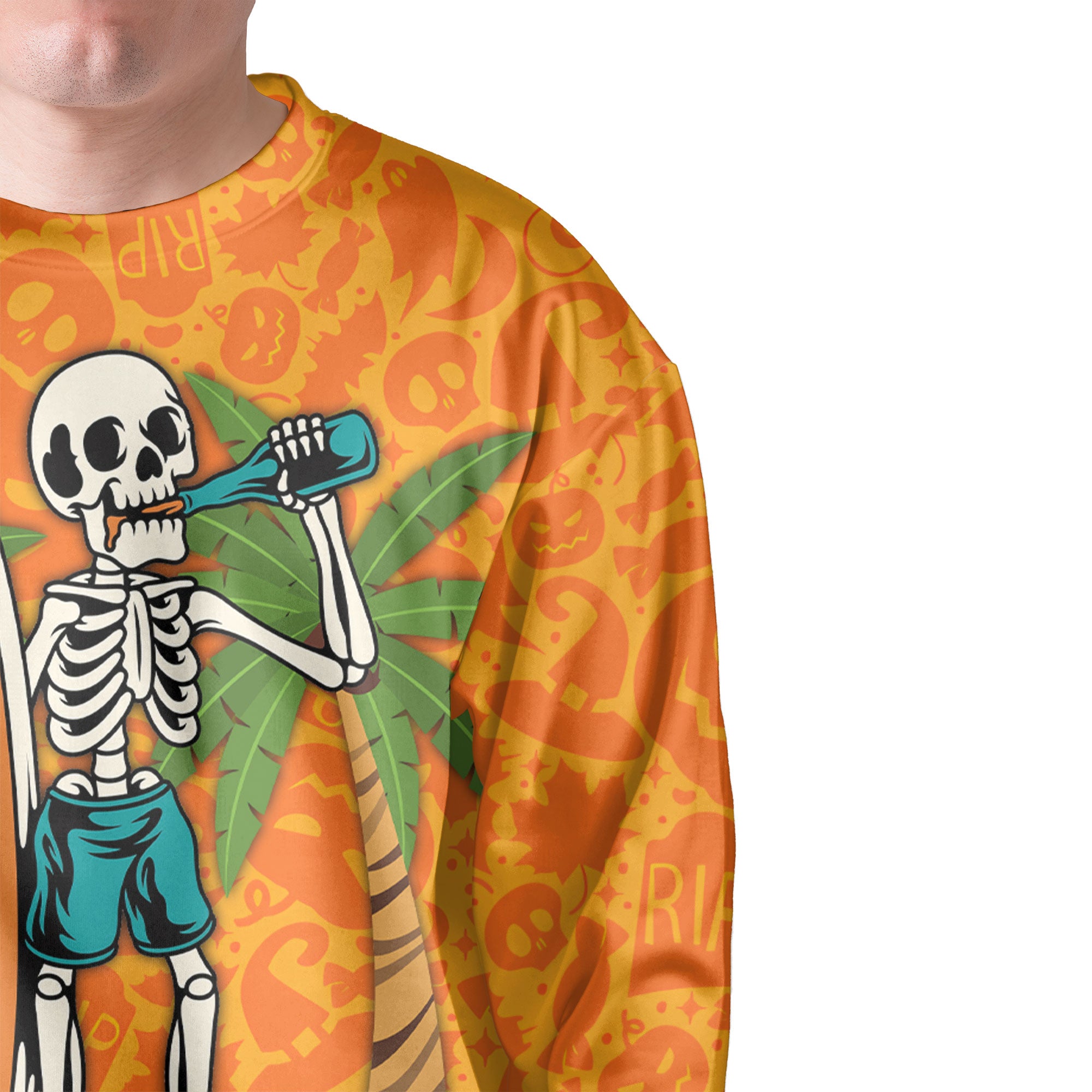 Skeleton Surfing Orange Halloween Ghost Pumpkins Sweatshirt - HYPERFAVOR