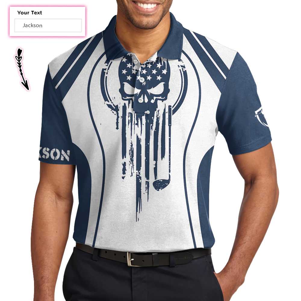 Skull Golf Shirt For Men Custom Polo Shirt, Personalized Skull American Flag Golf Polo Shirt