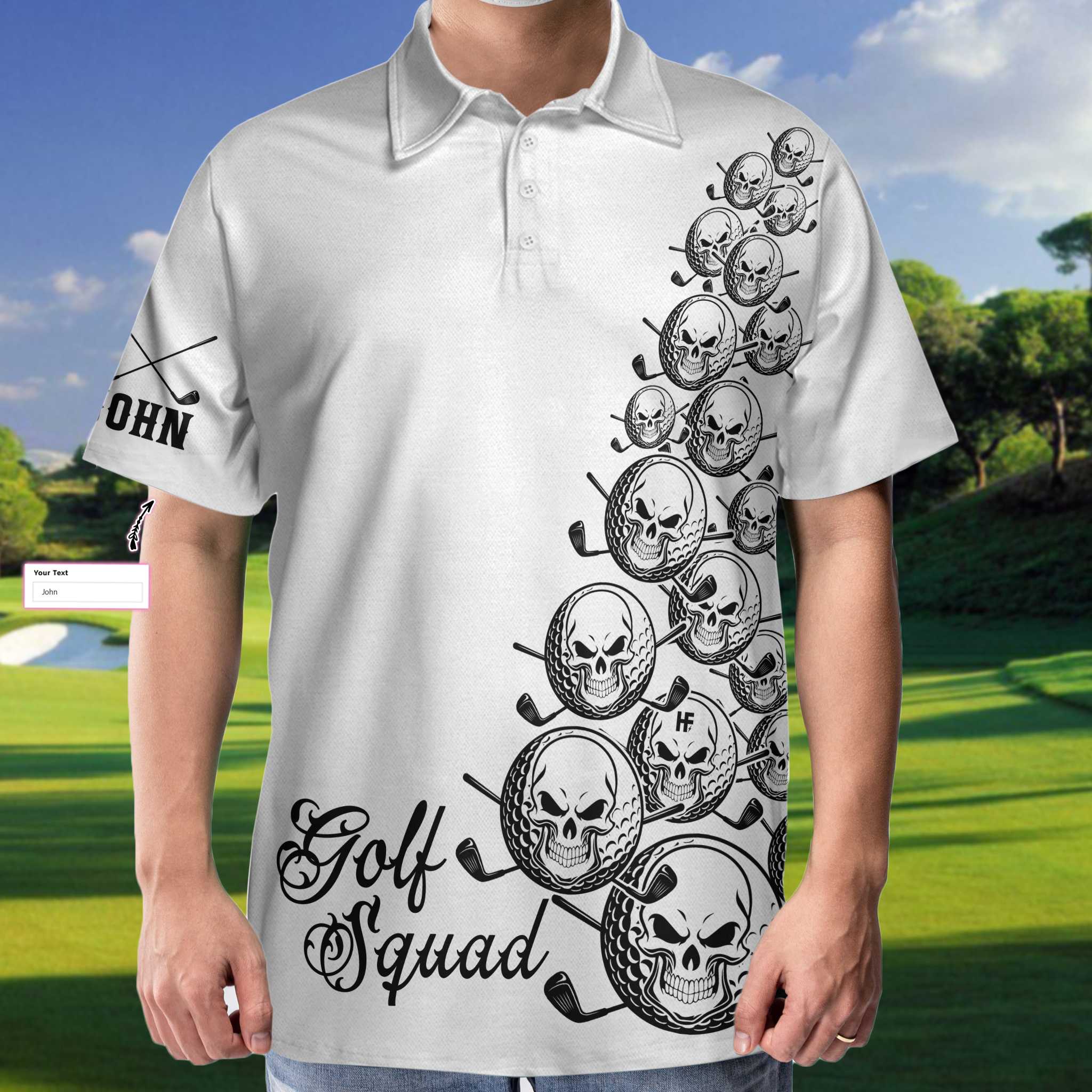 Skull Golfer Custom Polo Shirt, White Golf Squad Shirt, Personalized Golf Shirt For Men