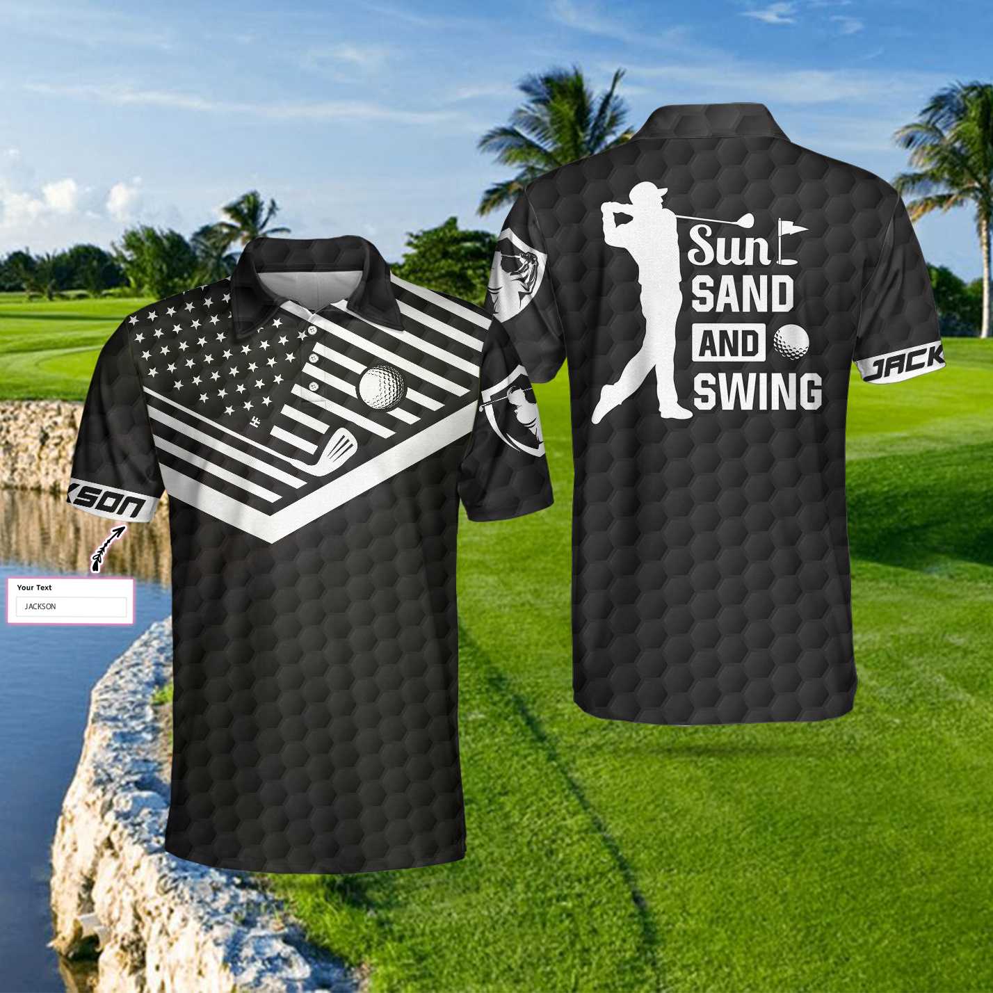 Sun Sand and Swing Custom Polo Shirt, Personalized Black American Flag Golf Shirt For Men