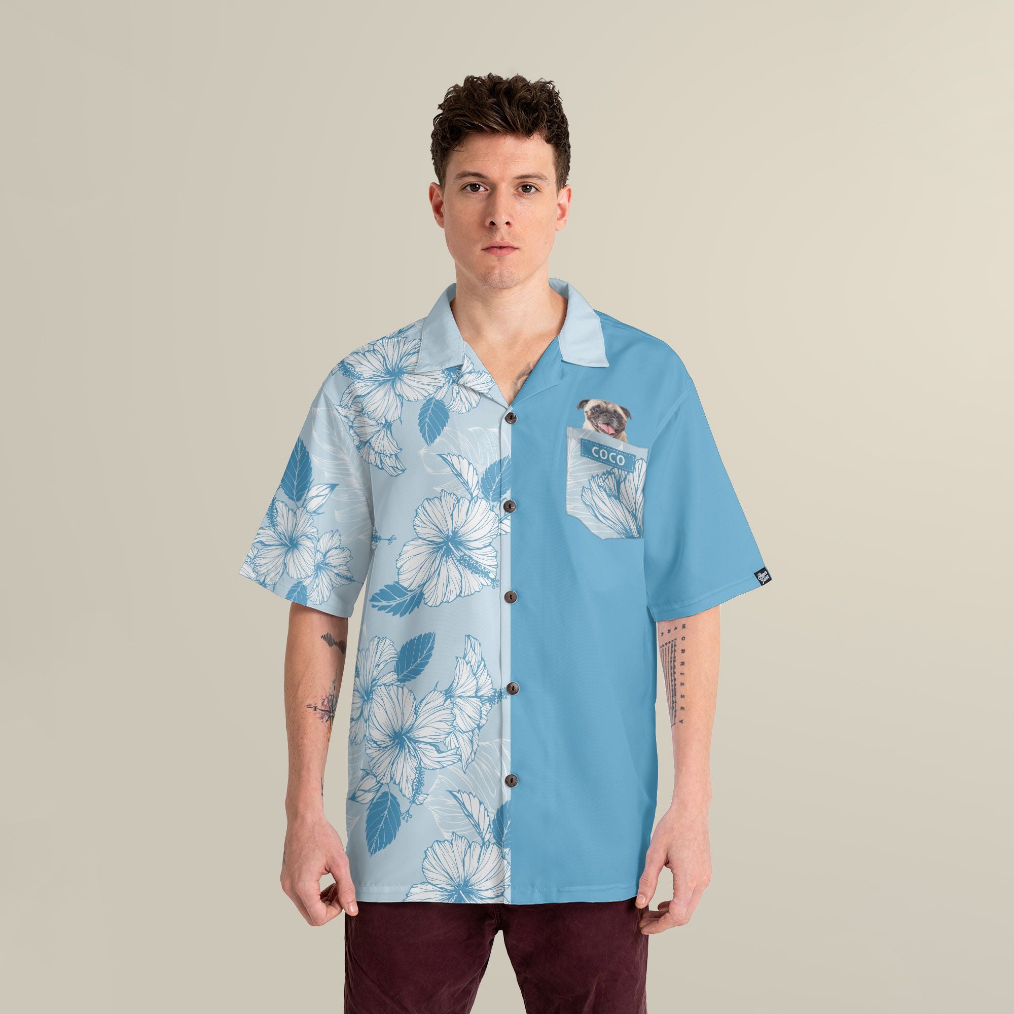 Joy Hibiscus Light Blue Custom Hawaiian Shirt, Personalized Floral Aloha Shirt, Unique Half  Half Design