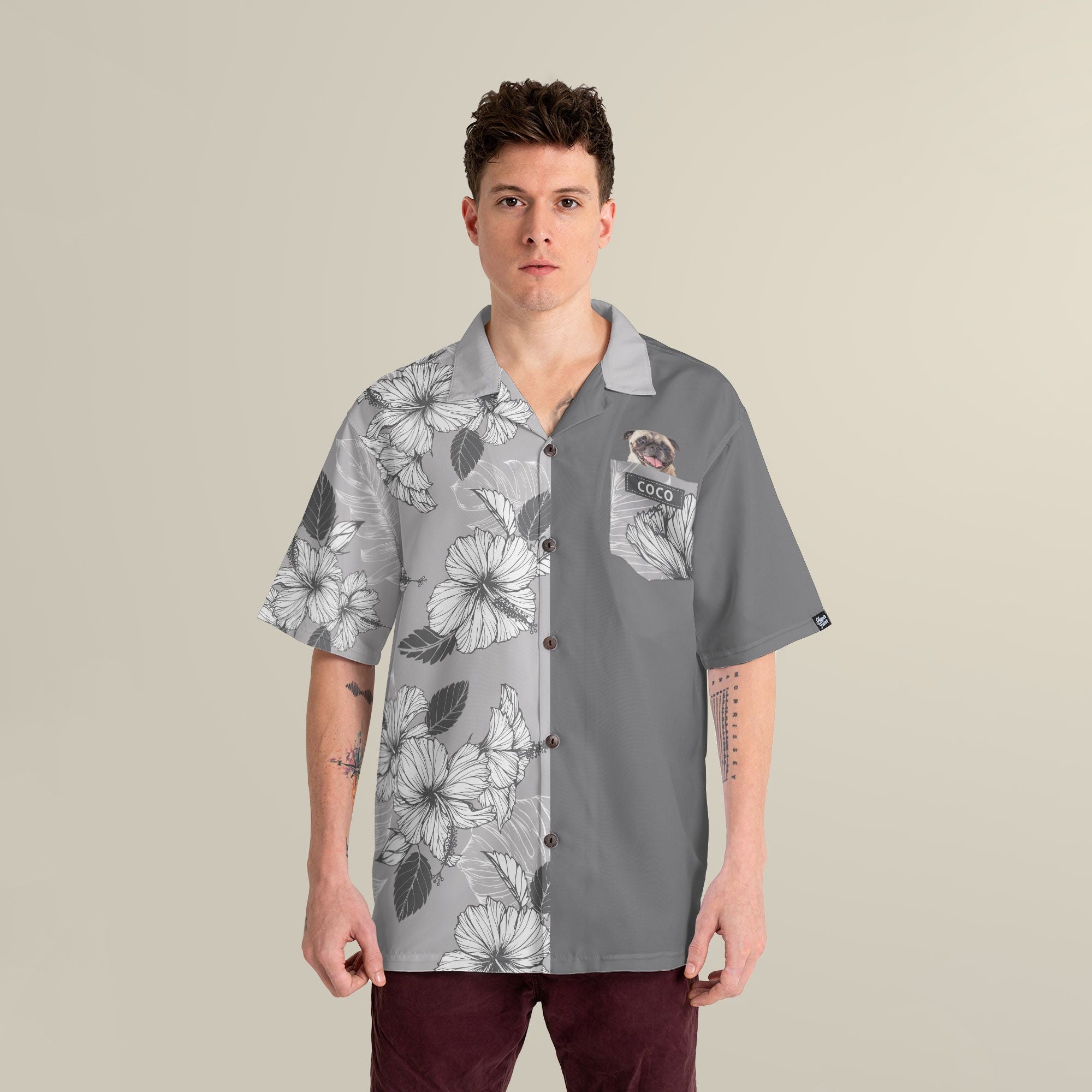 Joy Hibiscus Light Gray Custom Hawaiian Shirt, Personalized Floral Aloha Shirt, Unique Half Half Design