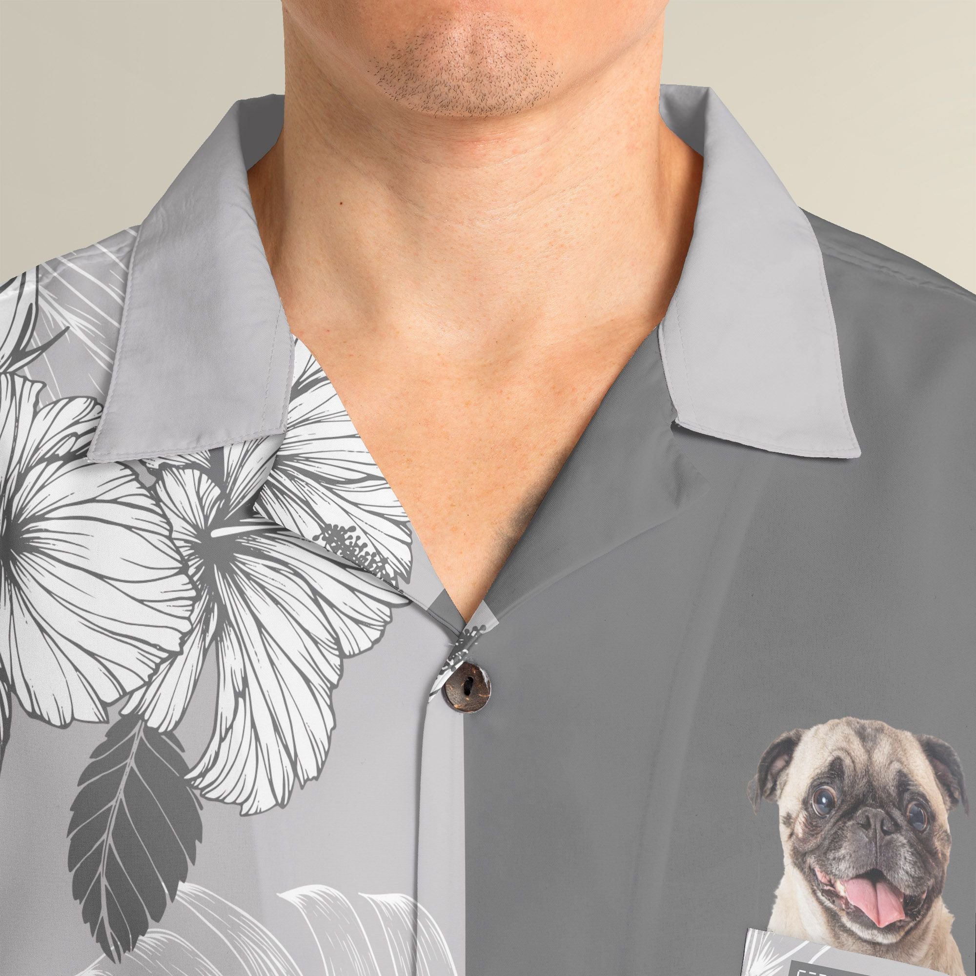 Joy Hibiscus Light Gray Custom Hawaiian Shirt, Personalized Floral Aloha Shirt, Unique Half Half Design