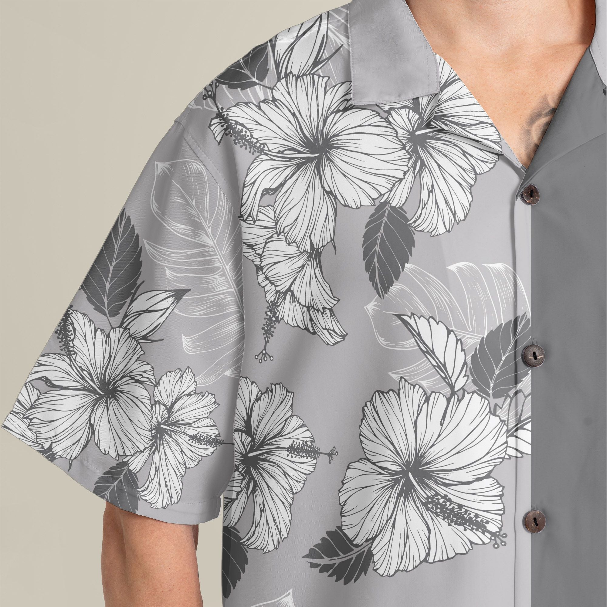 Joy Hibiscus Light Gray Custom Hawaiian Shirt, Personalized Floral Aloha Shirt, Unique Half Half Design