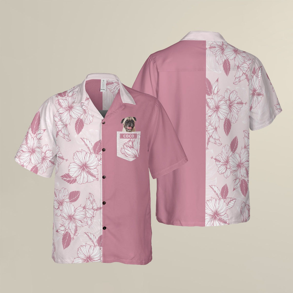 Joy Hibiscus Light Pink Custom Hawaiian Shirt, Personalized Floral Aloha Shirt, Unique Half Half Design