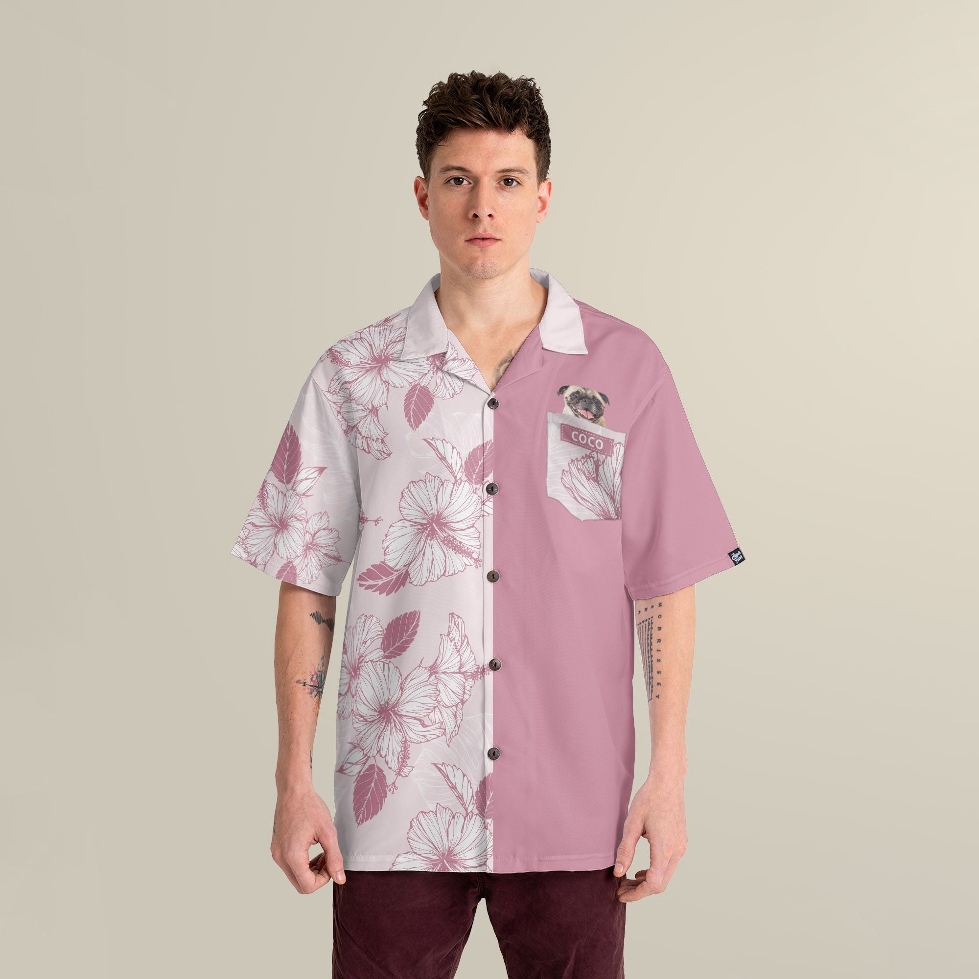 Joy Hibiscus Light Pink Custom Hawaiian Shirt, Personalized Floral Aloha Shirt, Unique Half Half Design