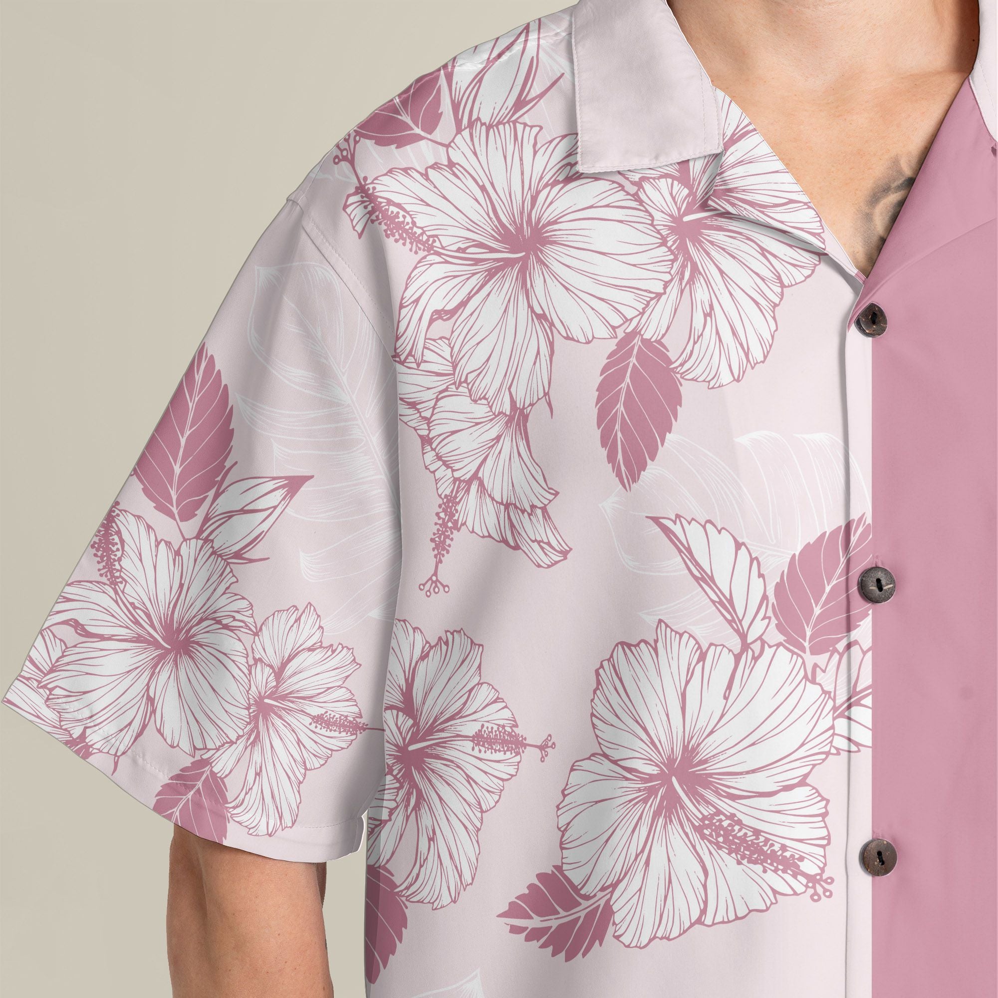 Joy Hibiscus Light Pink Custom Hawaiian Shirt, Personalized Floral Aloha Shirt, Unique Half Half Design