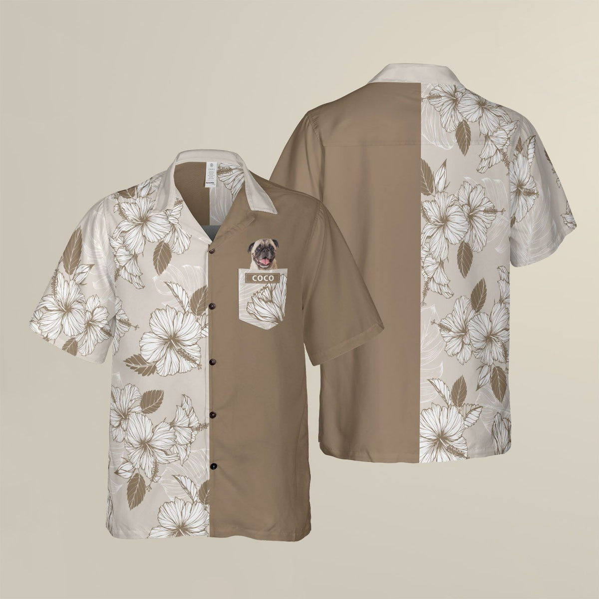 Joy Hibiscus Light Brown Custom Hawaiian Shirt, Personalized Floral Aloha Shirt, Unique Half Half Design