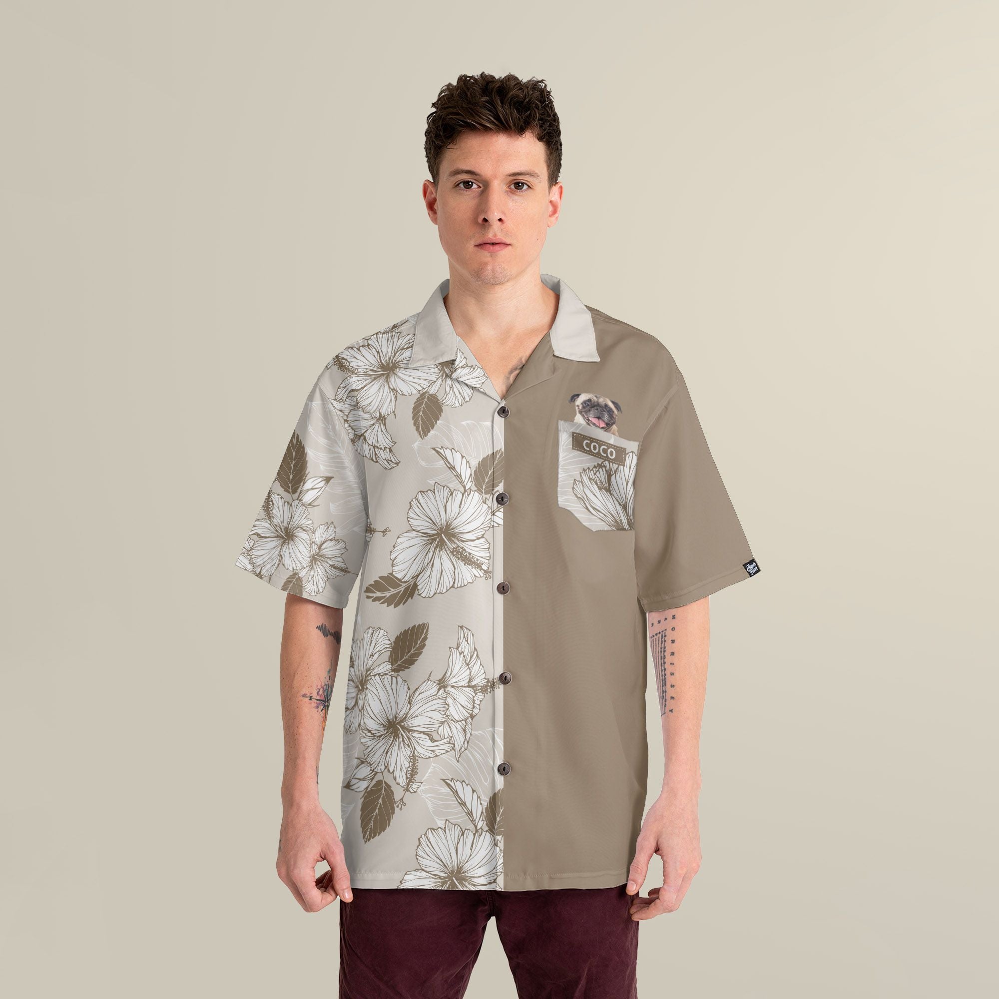 Joy Hibiscus Light Brown Custom Hawaiian Shirt, Personalized Floral Aloha Shirt, Unique Half Half Design