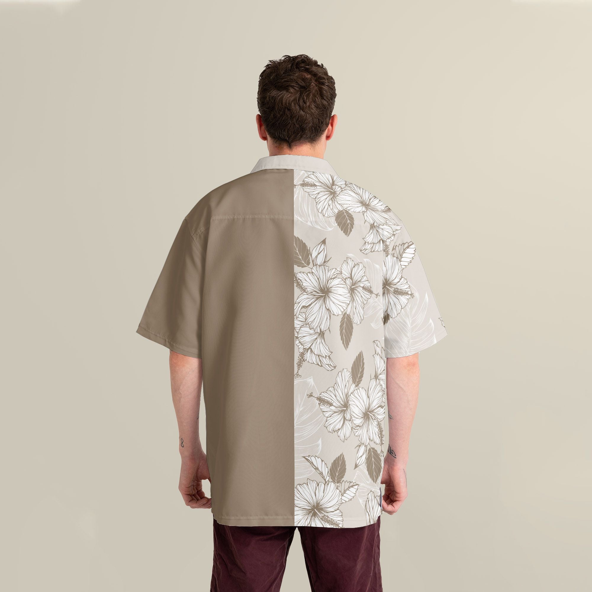 Joy Hibiscus Light Brown Custom Hawaiian Shirt, Personalized Floral Aloha Shirt, Unique Half Half Design