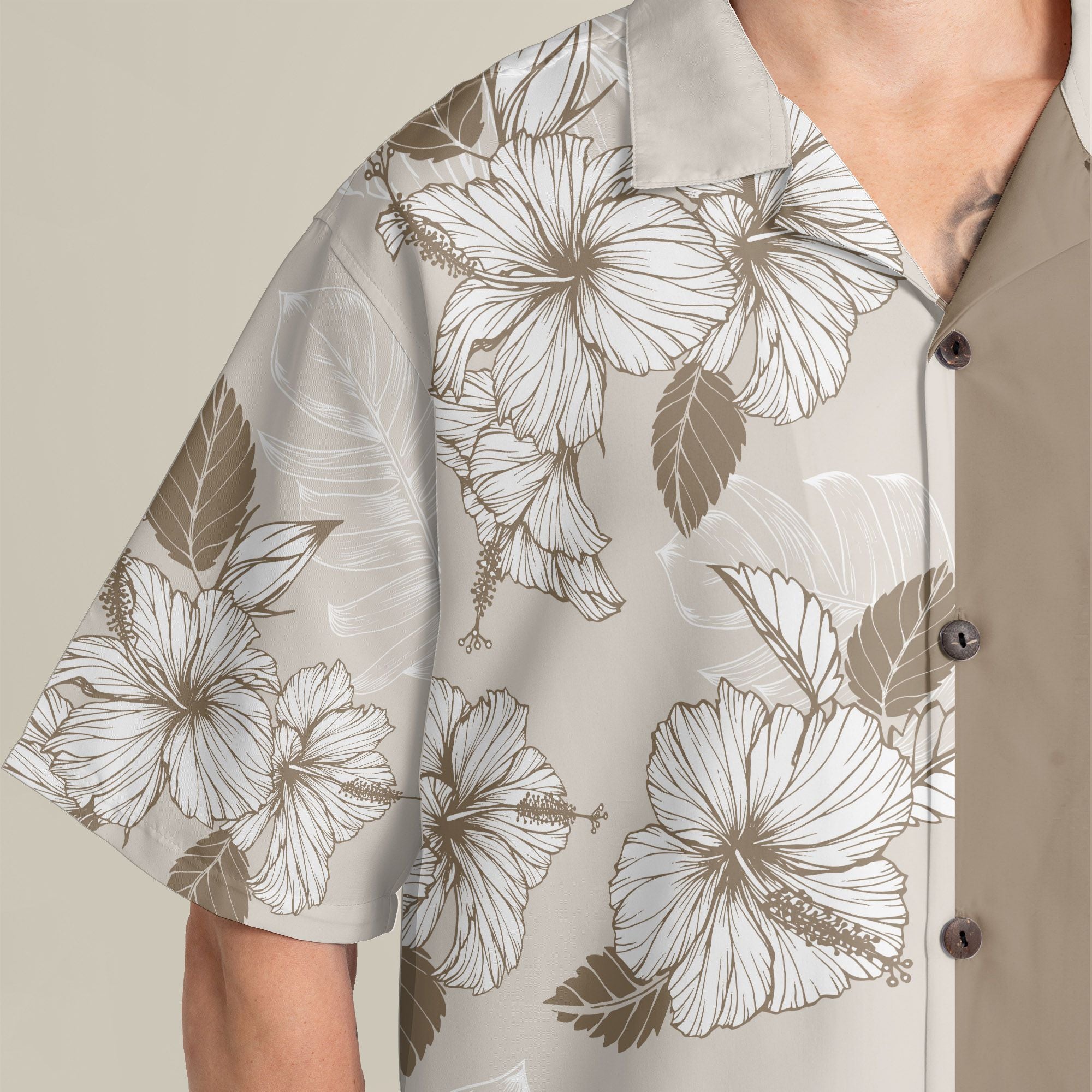 Joy Hibiscus Light Brown Custom Hawaiian Shirt, Personalized Floral Aloha Shirt, Unique Half Half Design