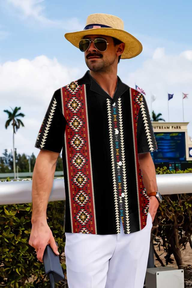 Traditional Tribal Pattern Hawaiian Shirt, Colorful Ethnic Geometric Pattern Native American Shirt