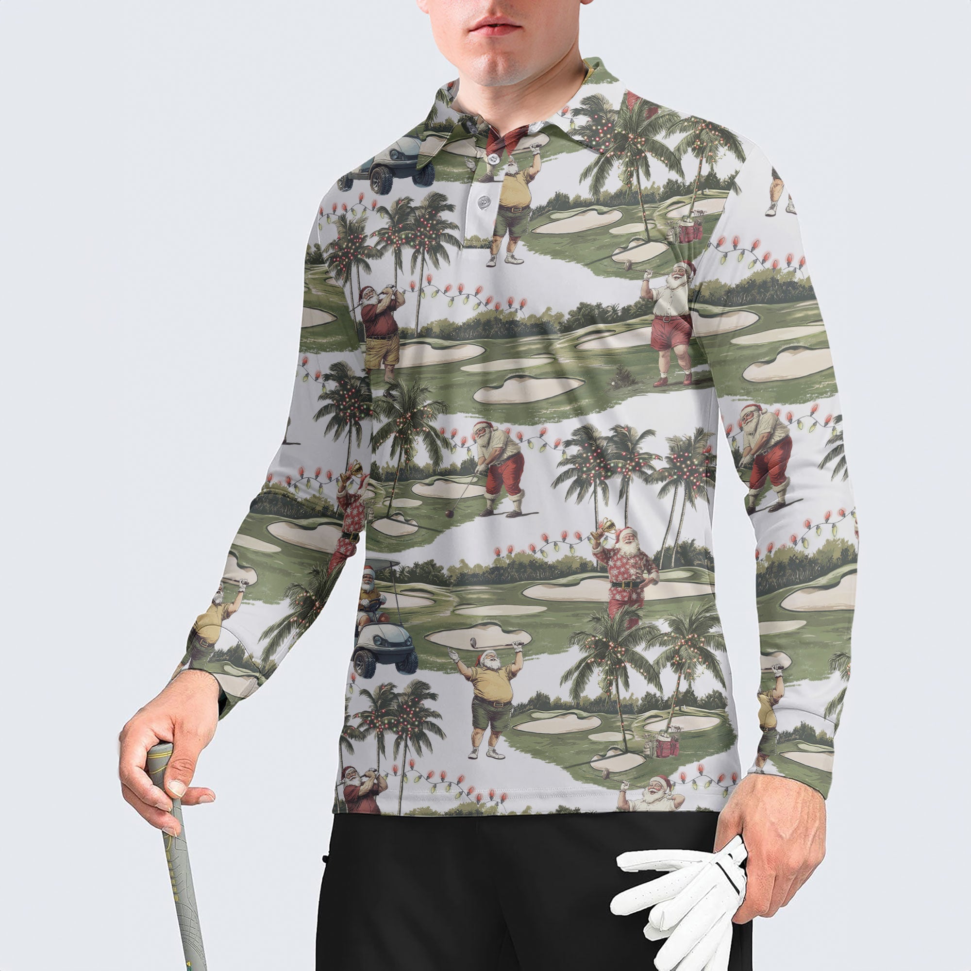 Tropical Santa Golfing Long Sleeve Polo