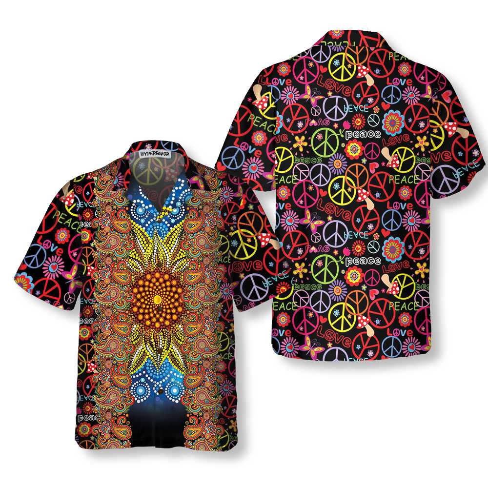 Vibrant Color Hippie Hawaiian Shirt, Hippie Peace Sign Pattern Shirt, Unique Hippie Gift