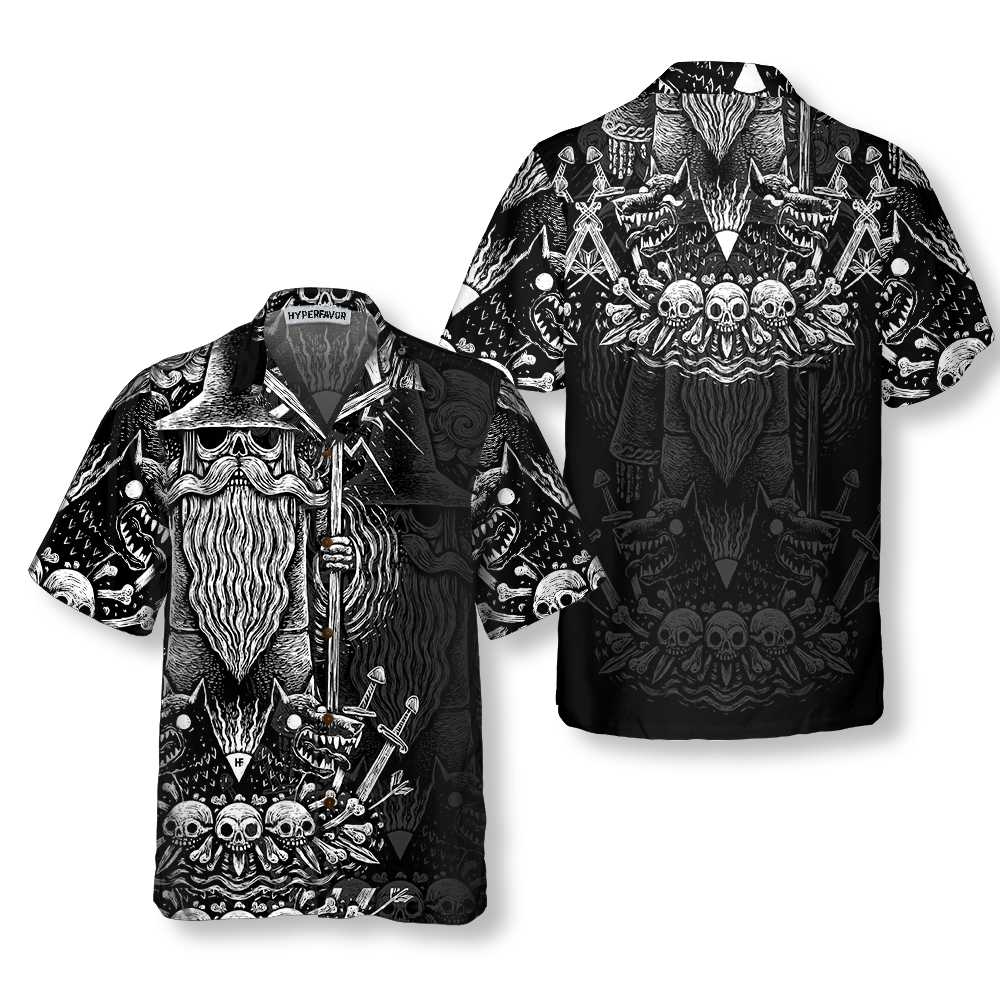Viking God Odin Hawaiian Shirt, Black And White Viking Odin Norse Mythology Shirt