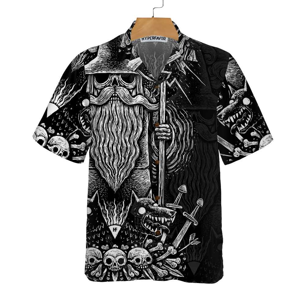 Viking God Odin Hawaiian Shirt, Black And White Viking Odin Norse Mythology Shirt