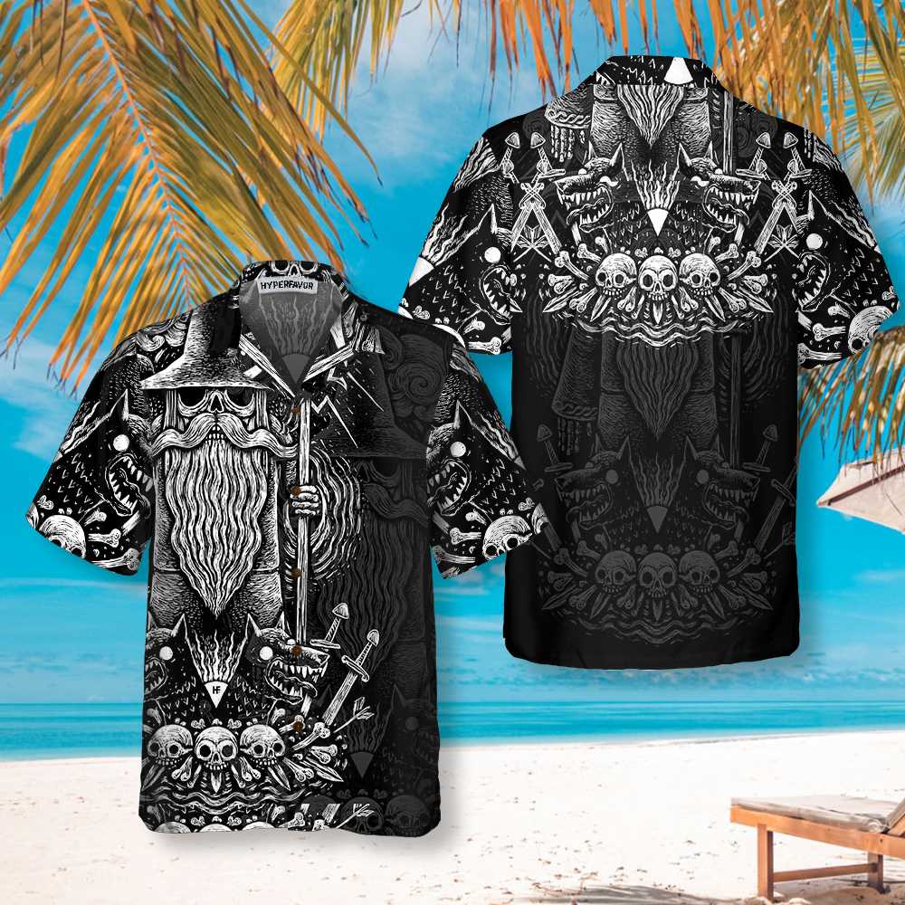 Viking God Odin Hawaiian Shirt, Black And White Viking Odin Norse Mythology Shirt