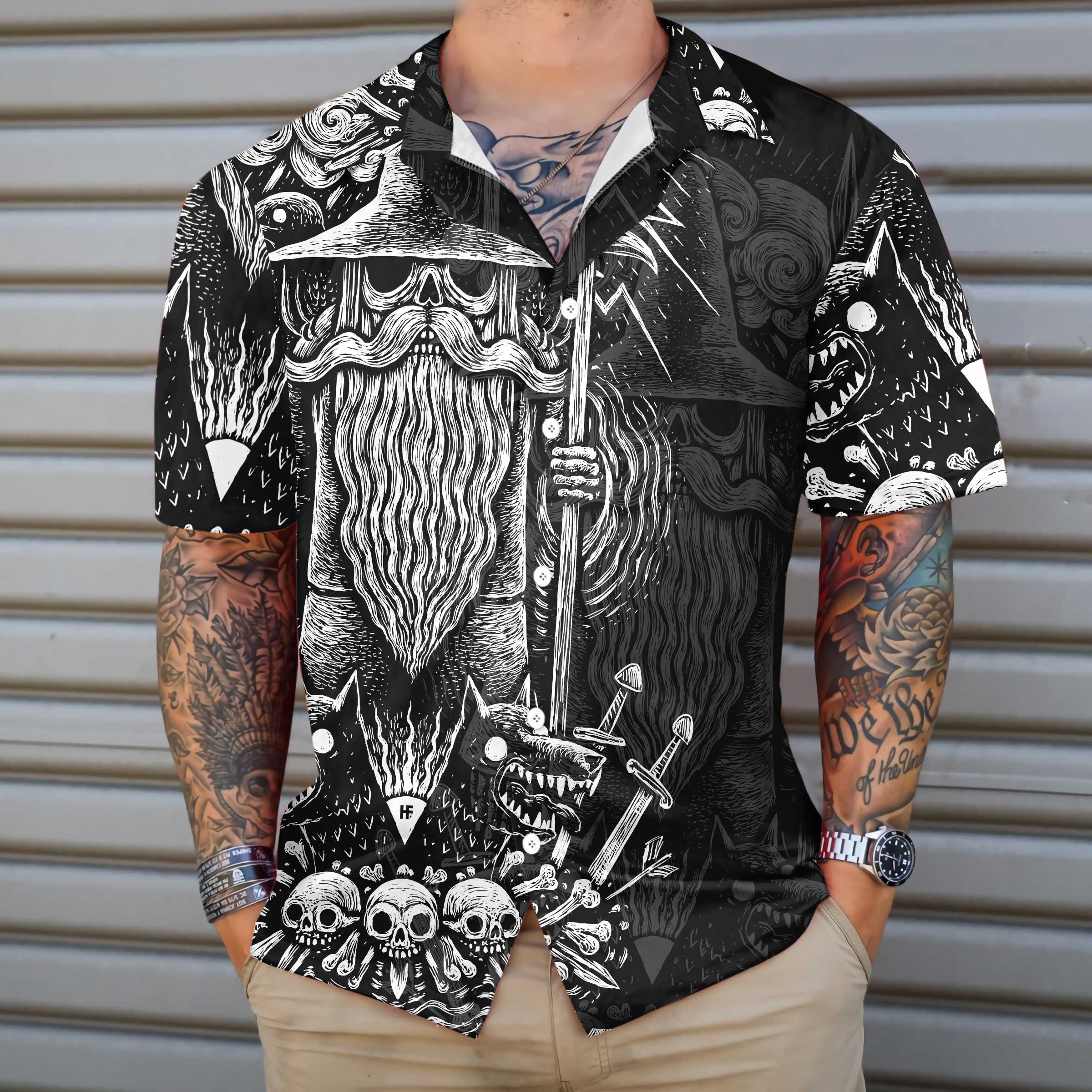 Viking God Odin Hawaiian Shirt, Black And White Viking Odin Norse Mythology Shirt