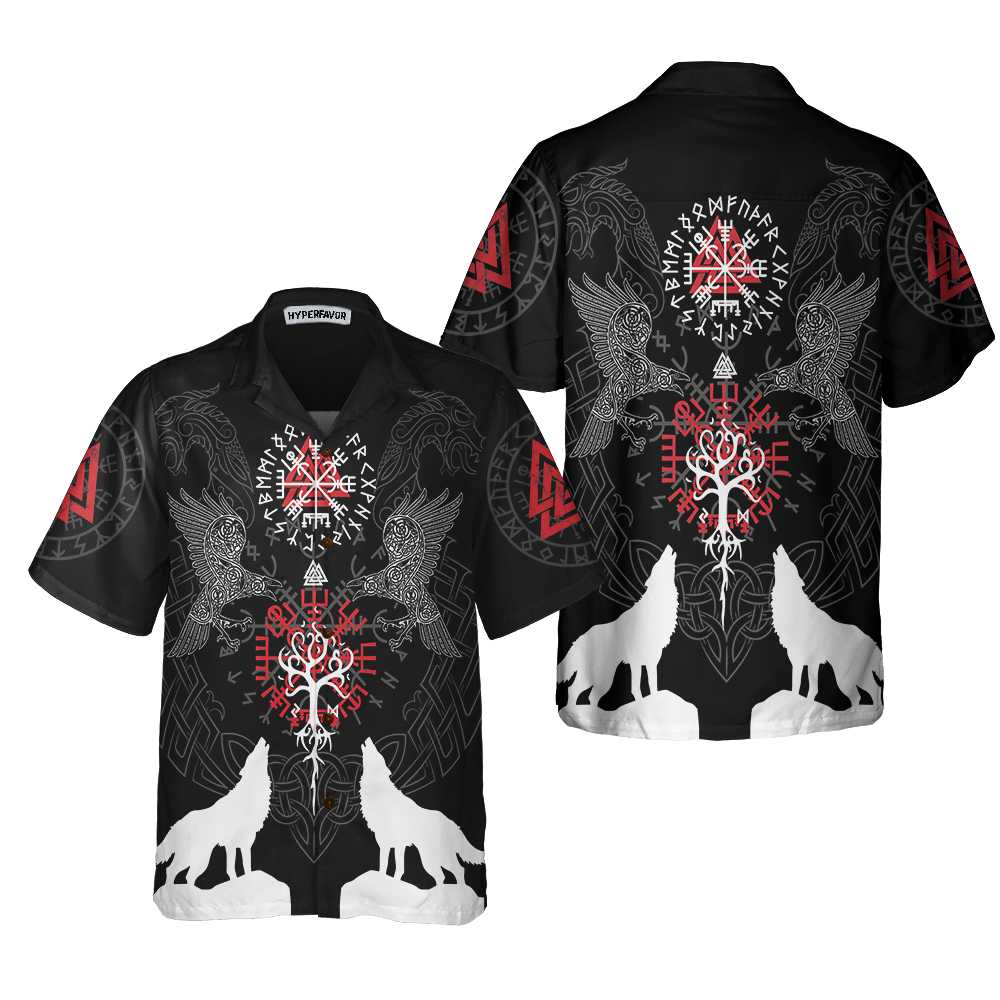 Viking Raven And Wolf Viking Hawaiian Shirt, Wolf Viking Shirt Short Sleeve