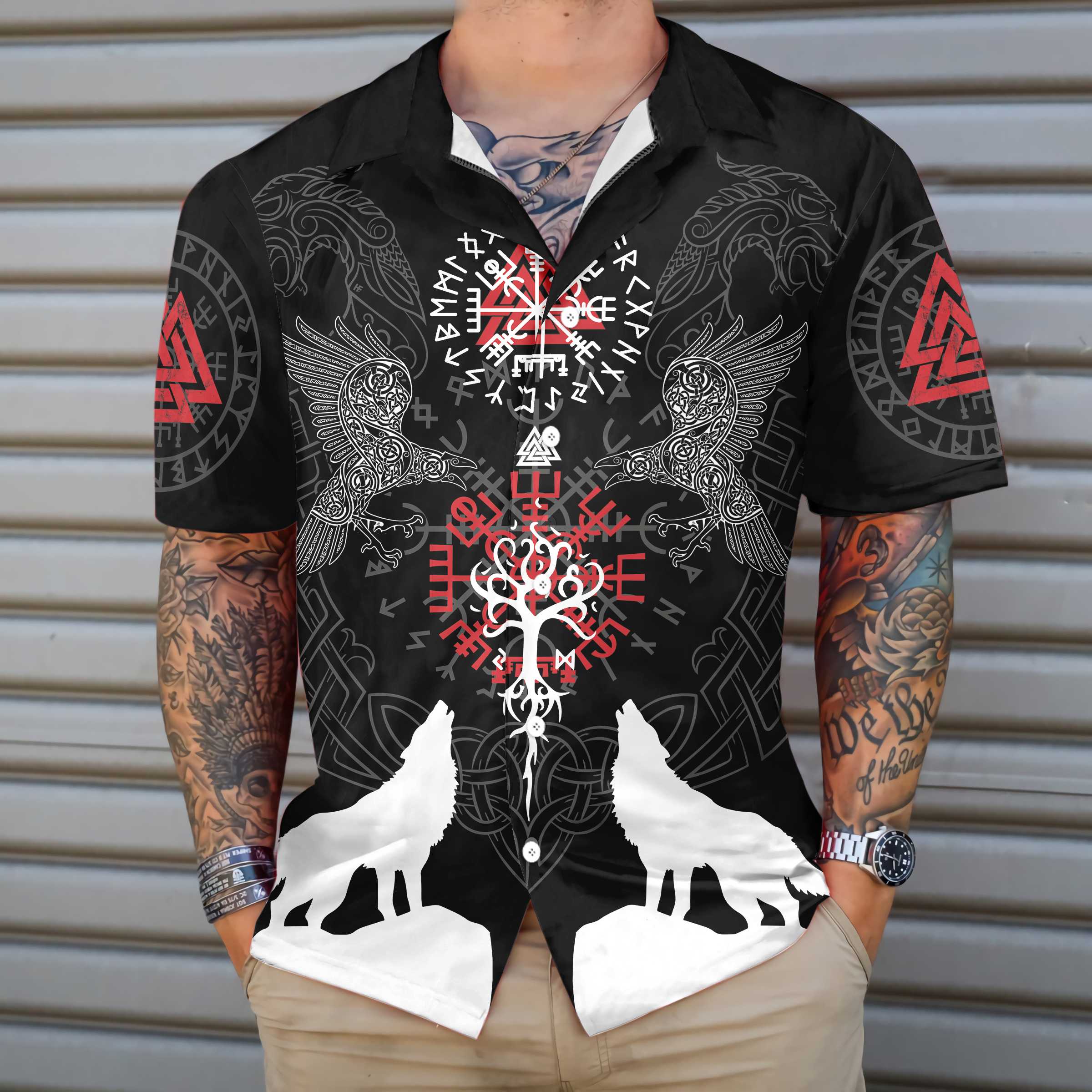 Viking Raven And Wolf Viking Hawaiian Shirt, Wolf Viking Shirt Short Sleeve