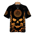 Viking Skull With Backbone Axe Hawaiian Shirt, Cool Orange Pattern Black Skull Shirt