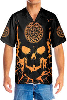 Viking Skull With Backbone Axe Hawaiian Shirt, Cool Orange Pattern Black Skull Shirt