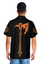 Viking Skull With Backbone Axe Hawaiian Shirt, Cool Orange Pattern Black Skull Shirt
