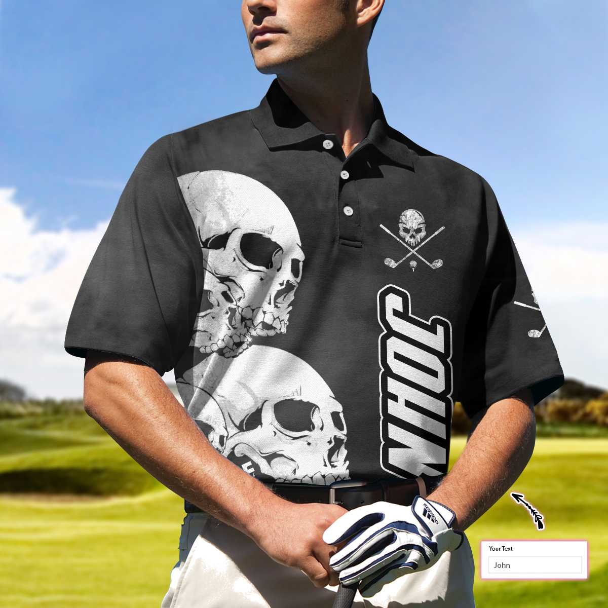 White Skull Heads And Golf Custom Polo Shirt, Personalized Halloween Gift For Golfers, Scary Golf Shirt