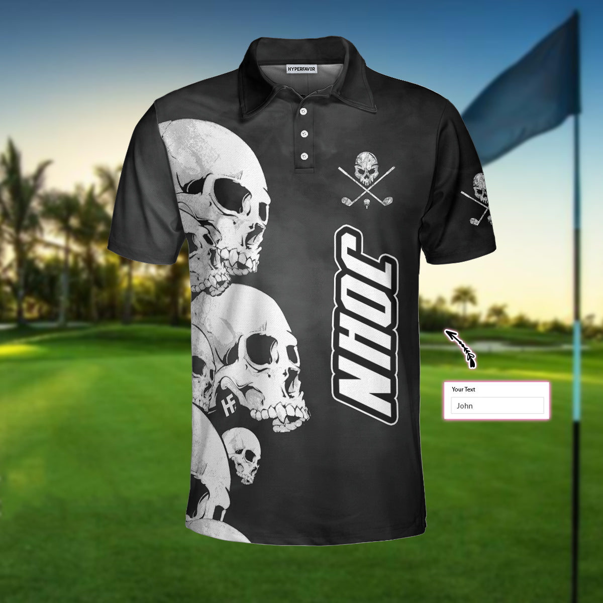 White Skull Heads And Golf Custom Polo Shirt, Personalized Halloween Gift For Golfers, Scary Golf Shirt