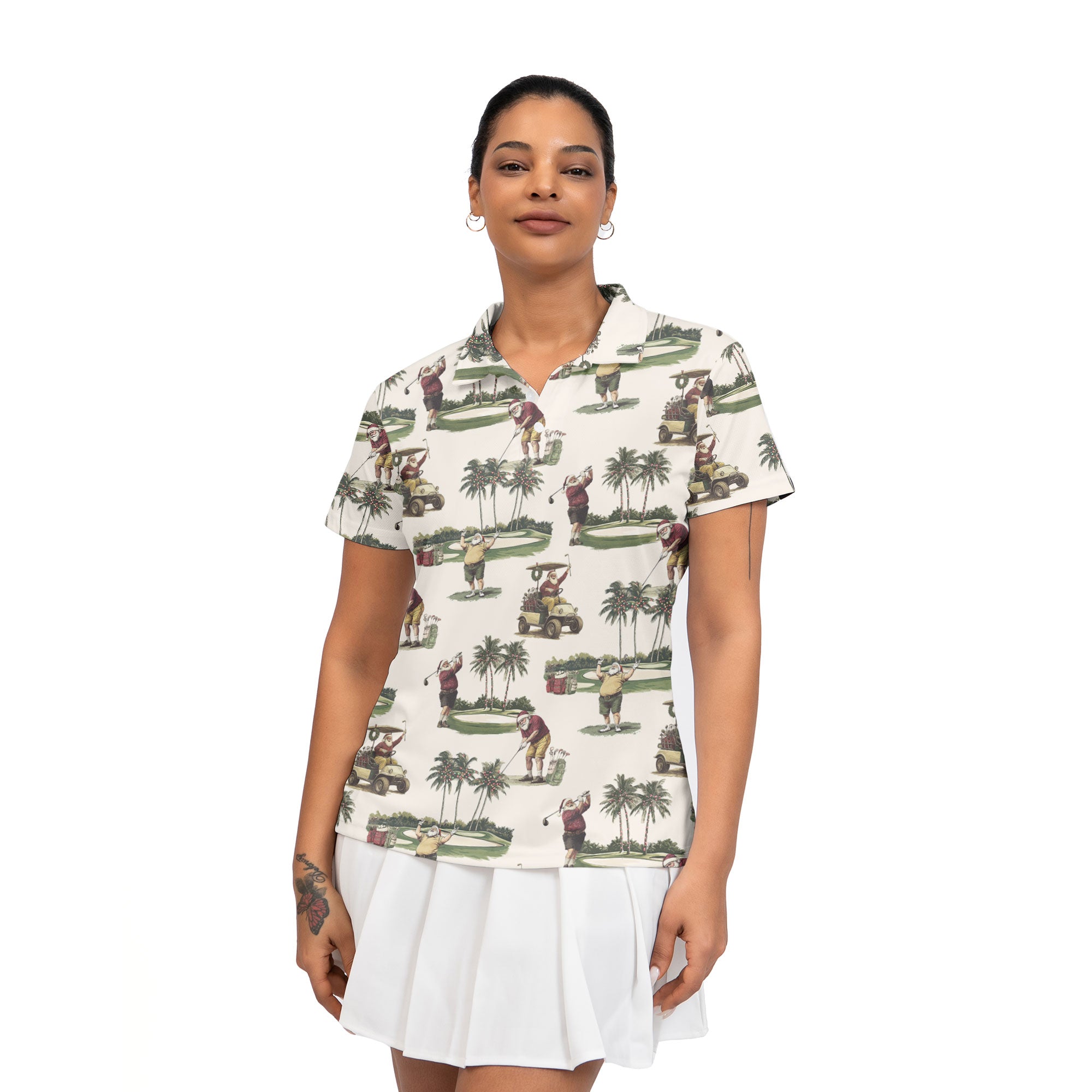 Women's Ivory Tropical Santa Golfing Polo Shirts