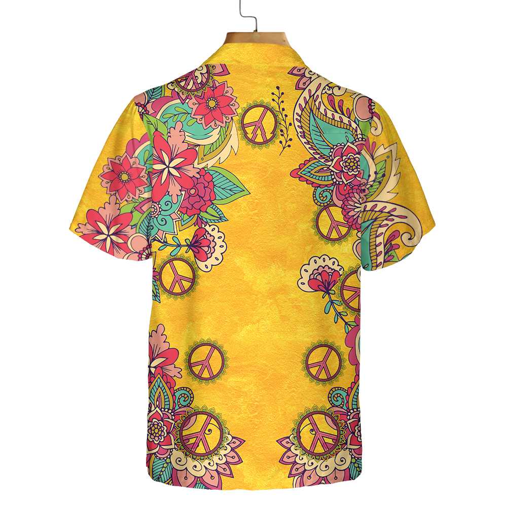 Yellow Hippie Peace Sign And Flowers Hawaiian Shirt, Foral Hippie Peace Sign Shirt, Best Hippie Gift