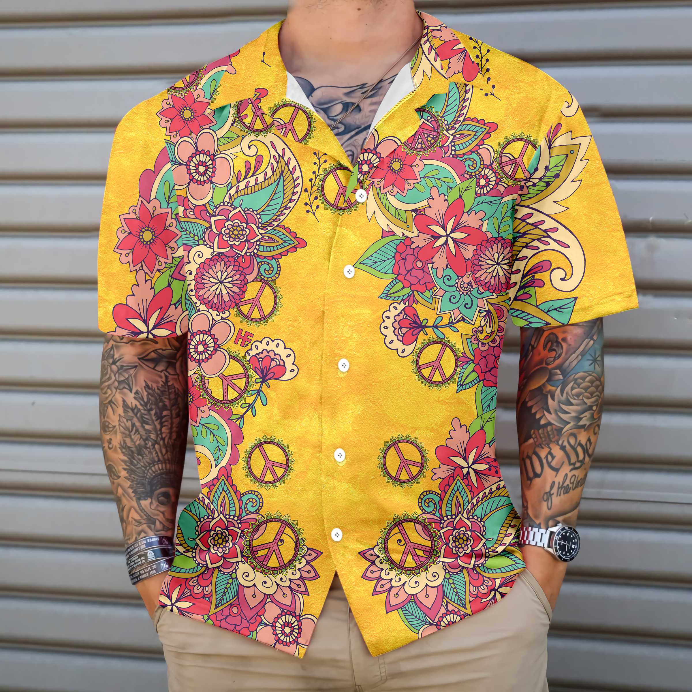 Yellow Hippie Peace Sign And Flowers Hawaiian Shirt, Foral Hippie Peace Sign Shirt, Best Hippie Gift
