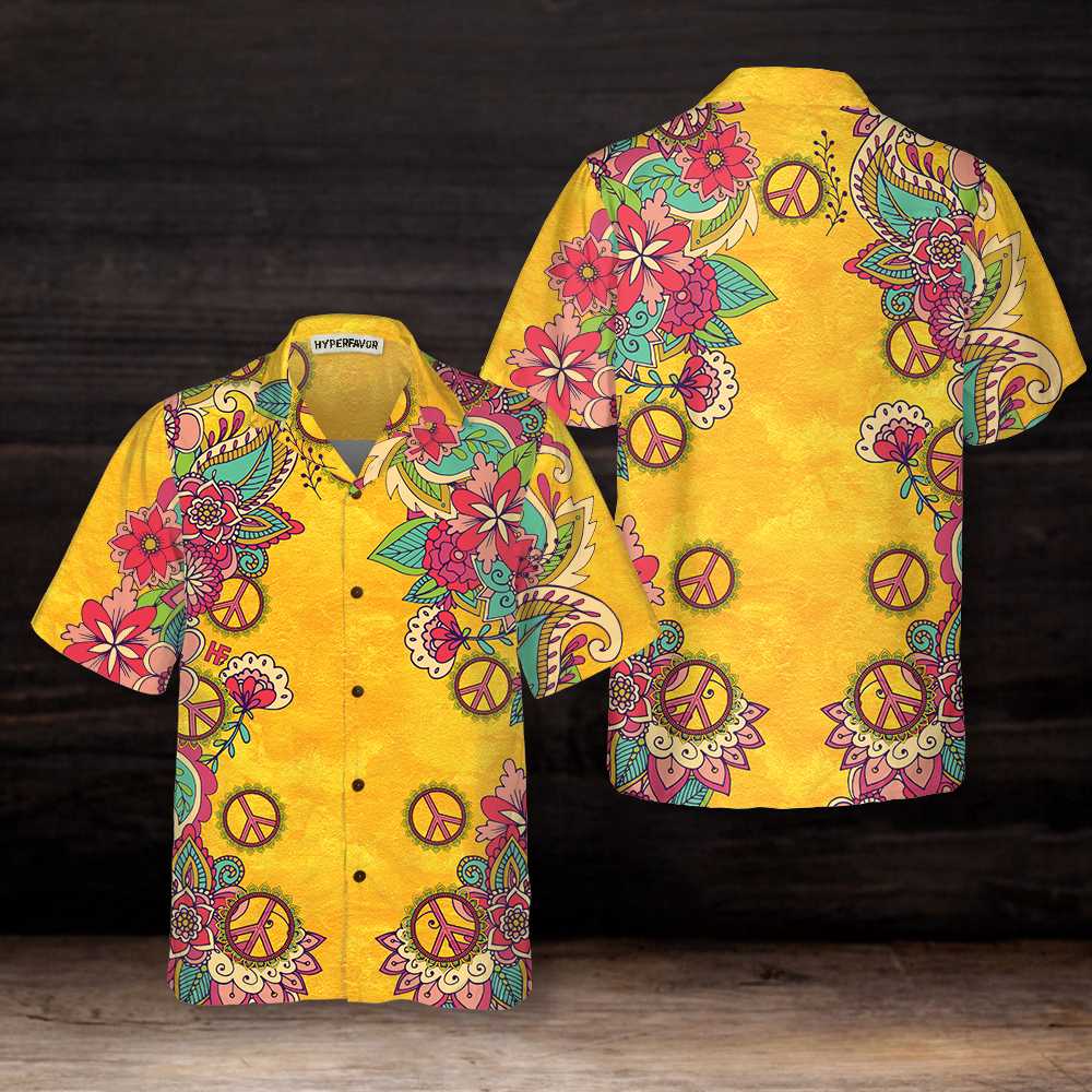 Yellow Hippie Peace Sign And Flowers Hawaiian Shirt, Foral Hippie Peace Sign Shirt, Best Hippie Gift