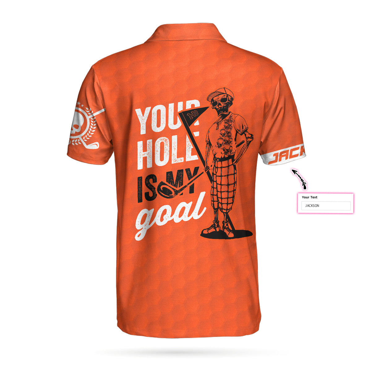 Your Hole Is My Goal Bones Men's Custom Polo Shirt, Personalized Orange American Flag Golf Shirt For Men