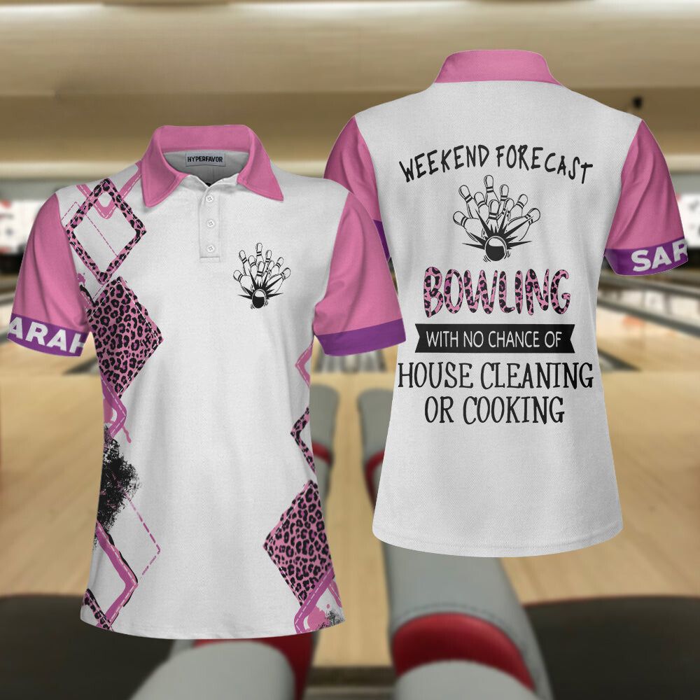 Bowling With No Chance Of House Cleaning Custom Short Sleeve Women Polo Shirt, Pink Leopard Bowling Shirt